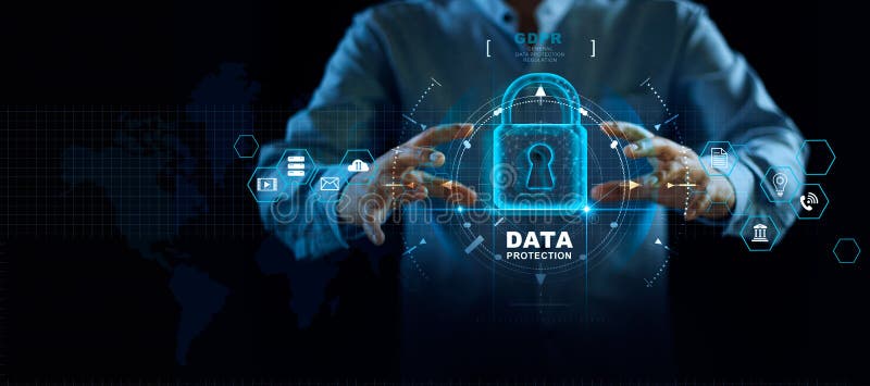 Het concept van de gegevensbeschermingprivacy GDPR De EU Het netwerk van de Cyberveiligheid Bedrijfsmens die gegevens persoonlijk