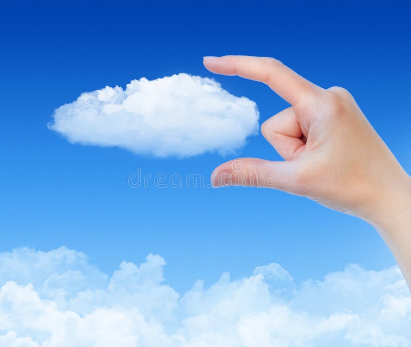 Woman hand measures the cloud against blue sky with clouds. Concept image on cloud computing and eco theme. Woman hand measures the cloud against blue sky with clouds. Concept image on cloud computing and eco theme.