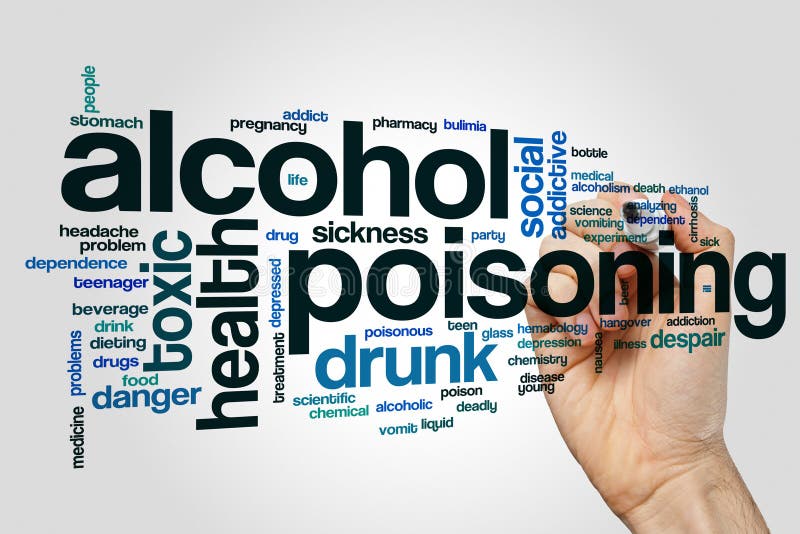 Het concept van de het woordwolk van de alcoholvergiftiging op grijze achtergrond stock afbeelding Het concept van de het woordwolk van de alcoholvergiftiging op grijze achtergrond stock afbeelding
