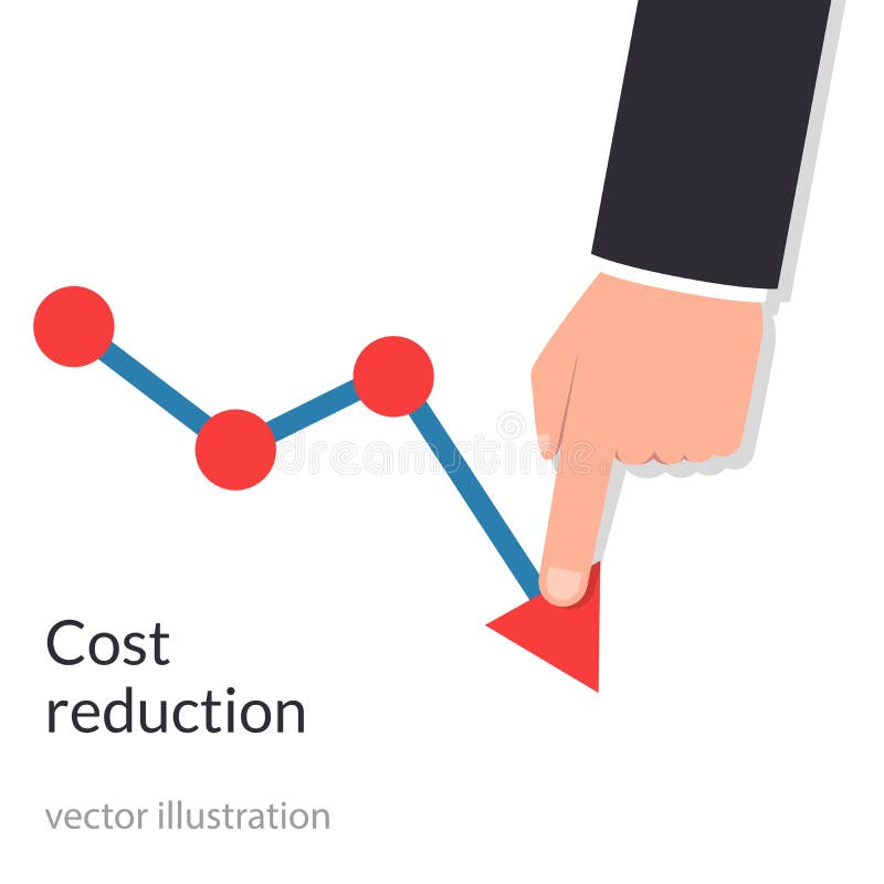Het concept van de kostenvermindering Kosten neer De zakenman met zijn hand vermindert de pijl van de grafiek Daling onderaan win vector illustratie Het concept van de kostenvermindering Kosten neer De zakenman met zijn hand vermindert de pijl van de grafiek Daling onderaan win vector illustratie