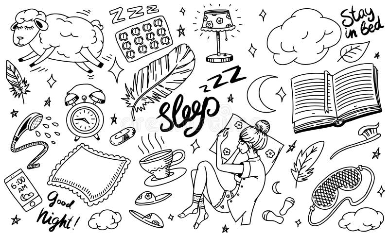 Het concept van de slaaptijd Hand getrokken nachtachtergrond Schapenhoofdkussen, Meisje in droom in bed, Wolken en veer, Kloknach royalty-vrije illustratie Het concept van de slaaptijd Hand getrokken nachtachtergrond Schapenhoofdkussen, Meisje in droom in bed, Wolken en veer, Kloknach royalty-vrije illustratie