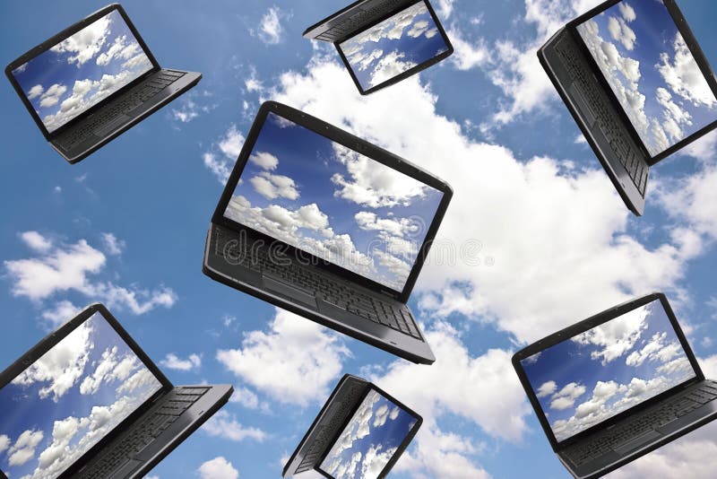 Cloud Computing Technology Concept; laptop with a screen full of laptops in the clouds. Cloud Computing Technology Concept; laptop with a screen full of laptops in the clouds