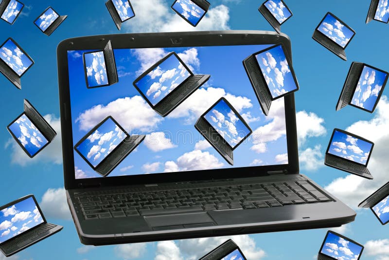 Cloud Computing Technology Concept; laptop with a screen full of laptops in the clouds. Cloud Computing Technology Concept; laptop with a screen full of laptops in the clouds