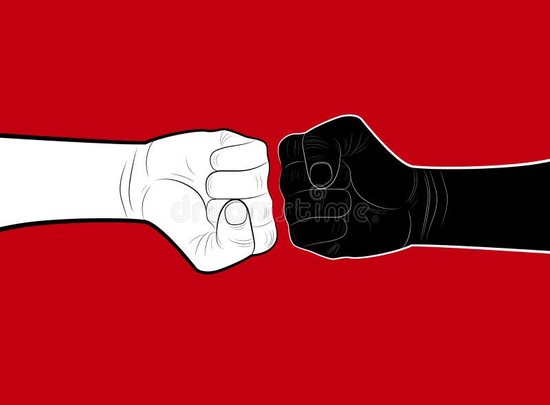 Het concept van het einderacisme, twee handen zwart-wit op de rode achtergrond, minimalistische affiche, vector illustratie Het concept van het einderacisme, twee handen zwart-wit op de rode achtergrond, minimalistische affiche, vector illustratie