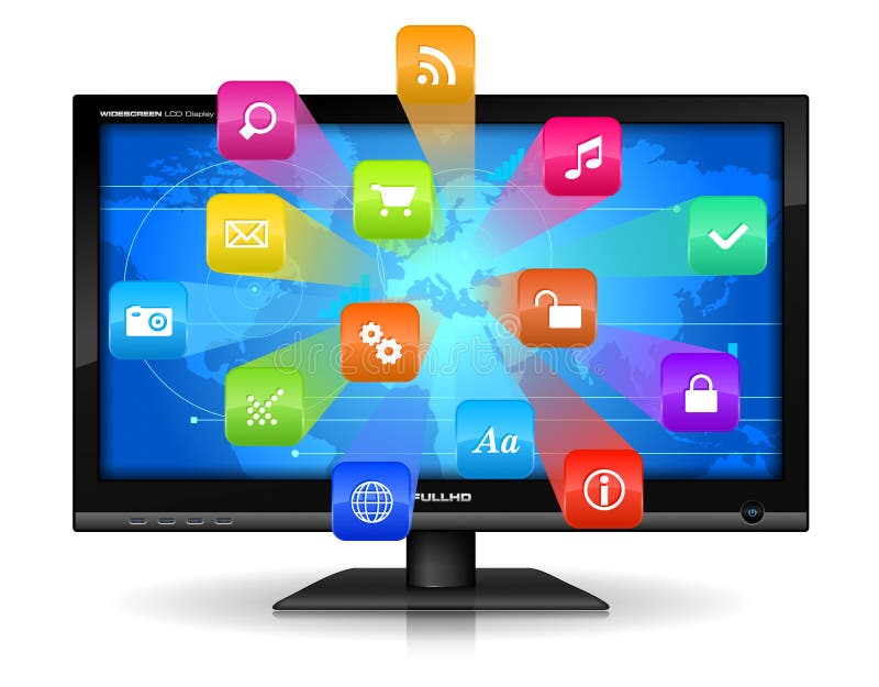 Internet concept: detailed vector illustration of widescreen TFT display with colorful application icons isolated on white background with reflection effect. Internet concept: detailed vector illustration of widescreen TFT display with colorful application icons isolated on white background with reflection effect