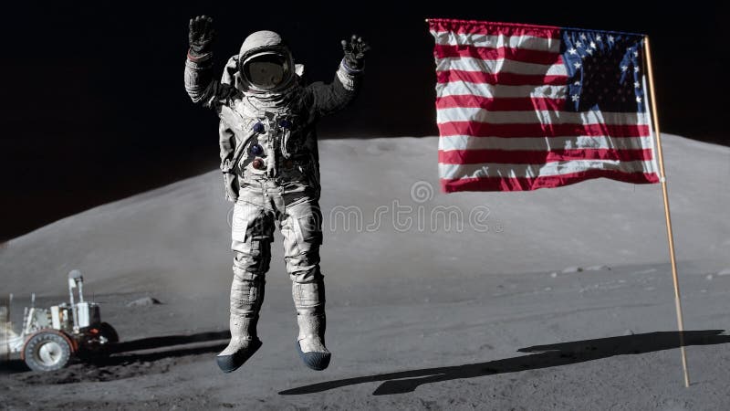 het 3d teruggeven Astronaut die op de maan springen en de Amerikaanse vlag groeten CG-animatie Elementen van dit die beeld door N vector illustratie het 3d teruggeven Astronaut die op de maan springen en de Amerikaanse vlag groeten CG-animatie Elementen van dit die beeld door N vector illustratie