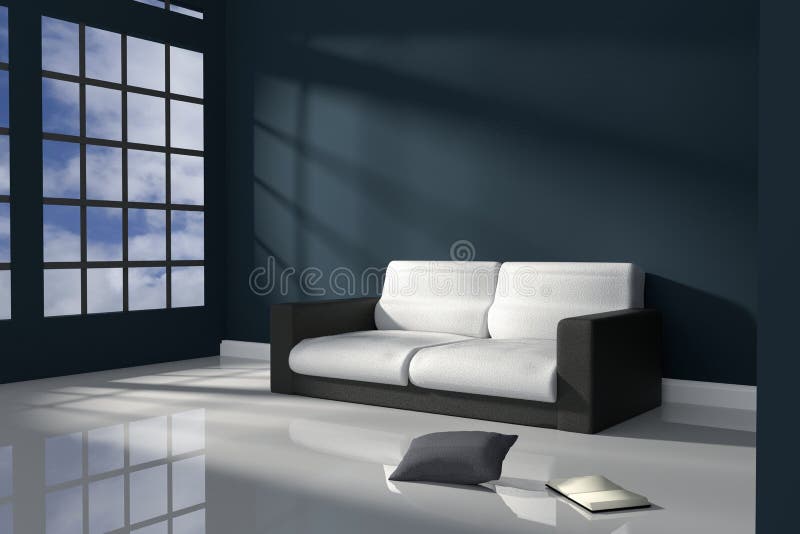 het 3D Teruggeven: illustratie van binnenlandse ruimte van donkerblauwe minimalismstijl met het moderne zwart-witte meubilair van royalty-vrije illustratie het 3D Teruggeven: illustratie van binnenlandse ruimte van donkerblauwe minimalismstijl met het moderne zwart-witte meubilair van royalty-vrije illustratie