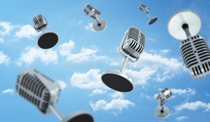 het 3d teruggeven van een vele oude stijlmicrofoons met een kleine vlieg van de rondetafeltribune op de bewolkte hemelachtergrond stock foto's het 3d teruggeven van een vele oude stijlmicrofoons met een kleine vlieg van de rondetafeltribune op de bewolkte hemelachtergrond stock foto's