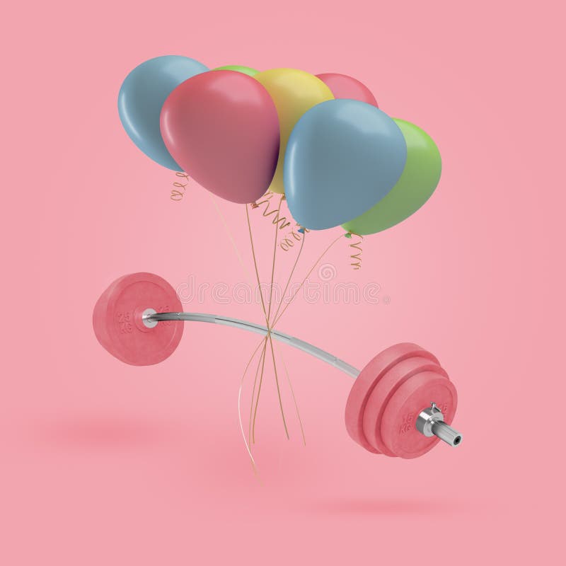 het 3d teruggeven van gebogen barbell met zware roze gewichten hangt met een reeks kleurrijke die luchtballons aan het worden geb vector illustratie het 3d teruggeven van gebogen barbell met zware roze gewichten hangt met een reeks kleurrijke die luchtballons aan het worden geb vector illustratie