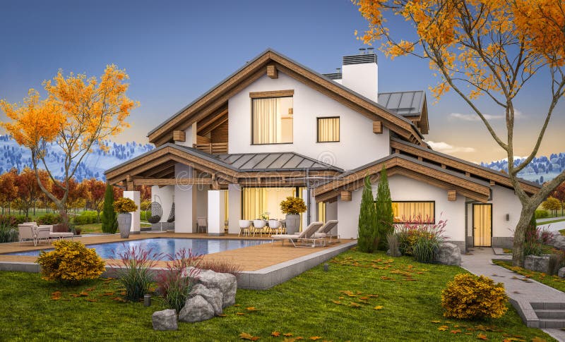 het 3d teruggeven van modern huis in de avondherfst royalty-vrije stock foto het 3d teruggeven van modern huis in de avondherfst royalty-vrije stock foto