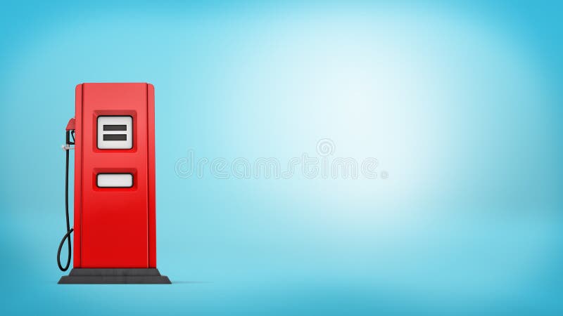 3d rendering of a single red gas pump with a nozzle attached standing on blue background. Gas station. Petrol prices. Road trip. 3d rendering of a single red gas pump with a nozzle attached standing on blue background. Gas station. Petrol prices. Road trip.