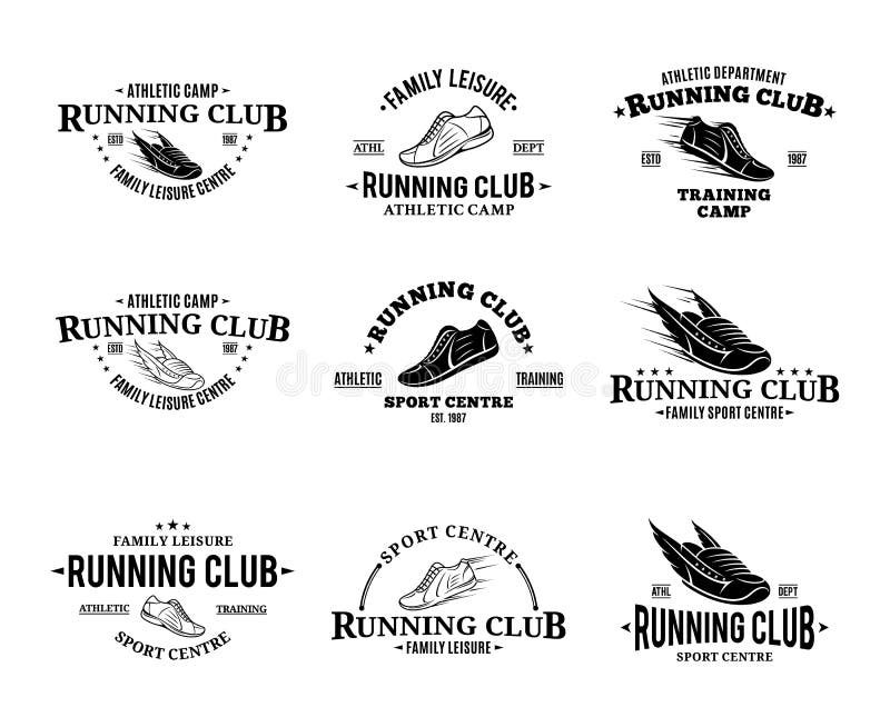 Running club labels templates, badges and running shoes icons. Running club labels templates, badges and running shoes icons