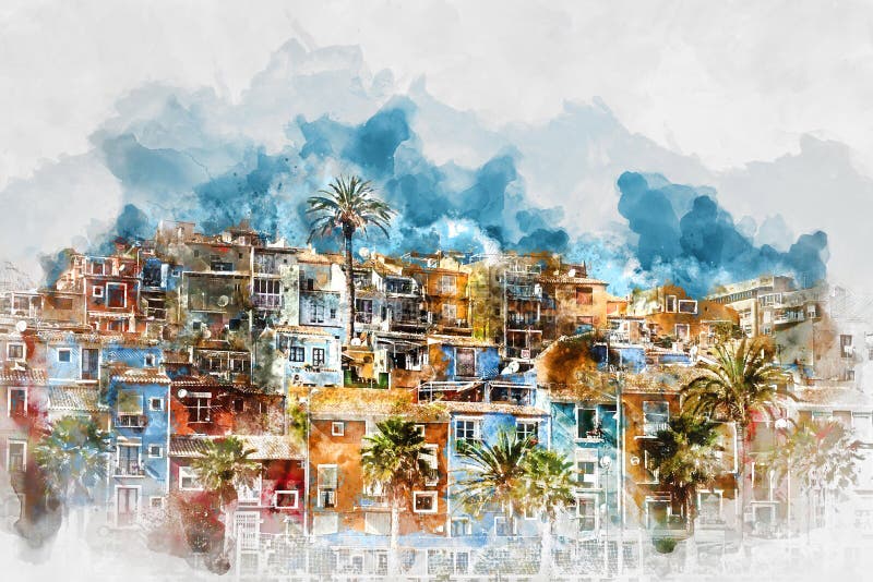 Het digitale waterverf schilderen van Villajoyosa-horizon spanje vector illustratie Het digitale waterverf schilderen van Villajoyosa-horizon spanje vector illustratie