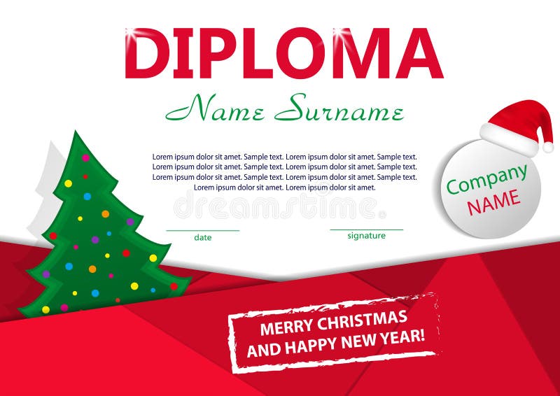 Het diploma of het certificaat van het Kerstmismalplaatje Nieuwe jaarbeloning met Kerstboom en Kerstmanhoed Vector vector illustratie Het diploma of het certificaat van het Kerstmismalplaatje Nieuwe jaarbeloning met Kerstboom en Kerstmanhoed Vector vector illustratie