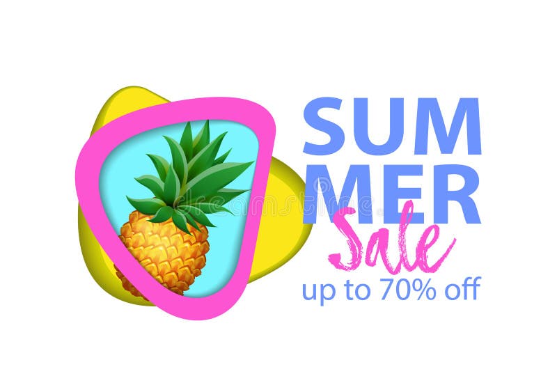 Het document sneed de banner van de lay-outverkoop met realistische Ananas, Watermeloen en Banaanvruchten vector illustratie Het document sneed de banner van de lay-outverkoop met realistische Ananas, Watermeloen en Banaanvruchten vector illustratie
