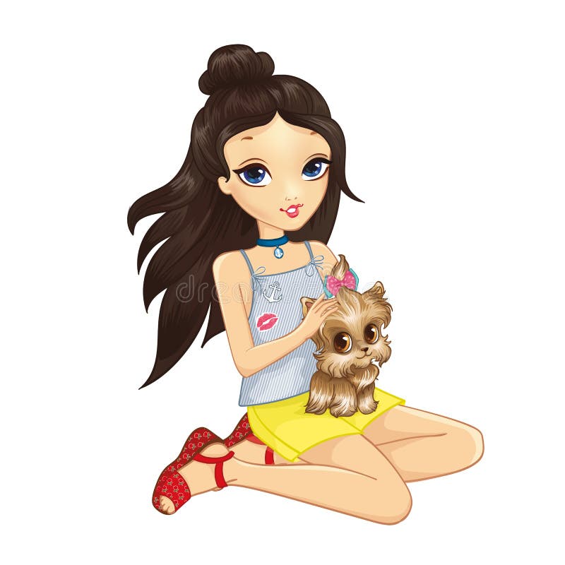 Brunette meisje houdt puppy vast royalty-vrije illustratie