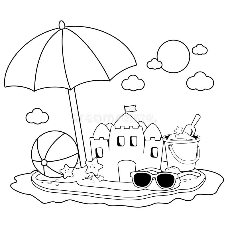 Het eiland van de de zomervakantie met strandparaplu, een zandkasteel en ander strandspeelgoed Zwart-witte kleurende boekpagina royalty-vrije illustratie Het eiland van de de zomervakantie met strandparaplu, een zandkasteel en ander strandspeelgoed Zwart-witte kleurende boekpagina royalty-vrije illustratie
