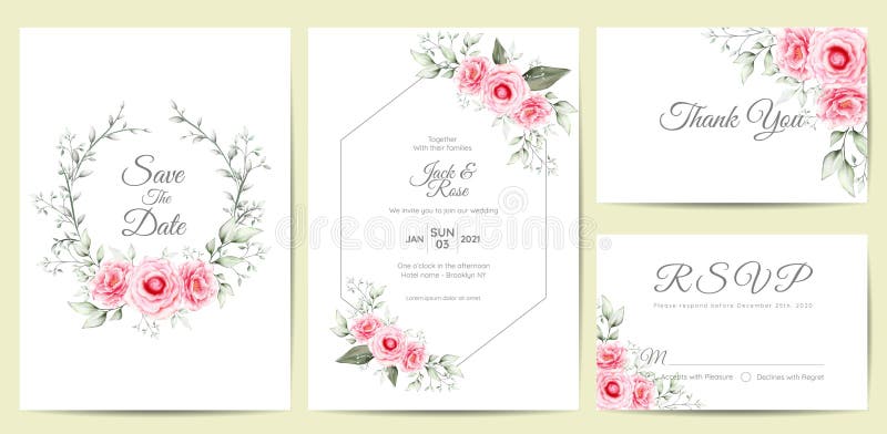 Elegant Watercolor Floral Wedding Invitation Cards Template. Hand Drawing Flower and Branches Save the Date, Greeting, Thank You, and RSVP Cards Multipurpose. Elegant Watercolor Floral Wedding Invitation Cards Template. Hand Drawing Flower and Branches Save the Date, Greeting, Thank You, and RSVP Cards Multipurpose