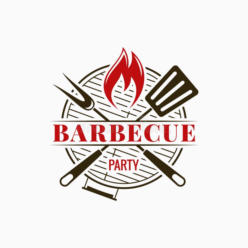 Het embleem van de barbecuegrill Bbq partij met brandvlam op witte achtergrond royalty-vrije illustratie Het embleem van de barbecuegrill Bbq partij met brandvlam op witte achtergrond royalty-vrije illustratie