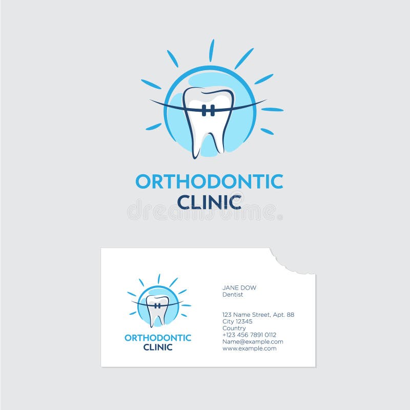 Het embleem van de Orthodontistkliniek Een tand met steunen in blauw glanst Adreskaartje met een beet van zelfs tanden stock illustratie Het embleem van de Orthodontistkliniek Een tand met steunen in blauw glanst Adreskaartje met een beet van zelfs tanden stock illustratie