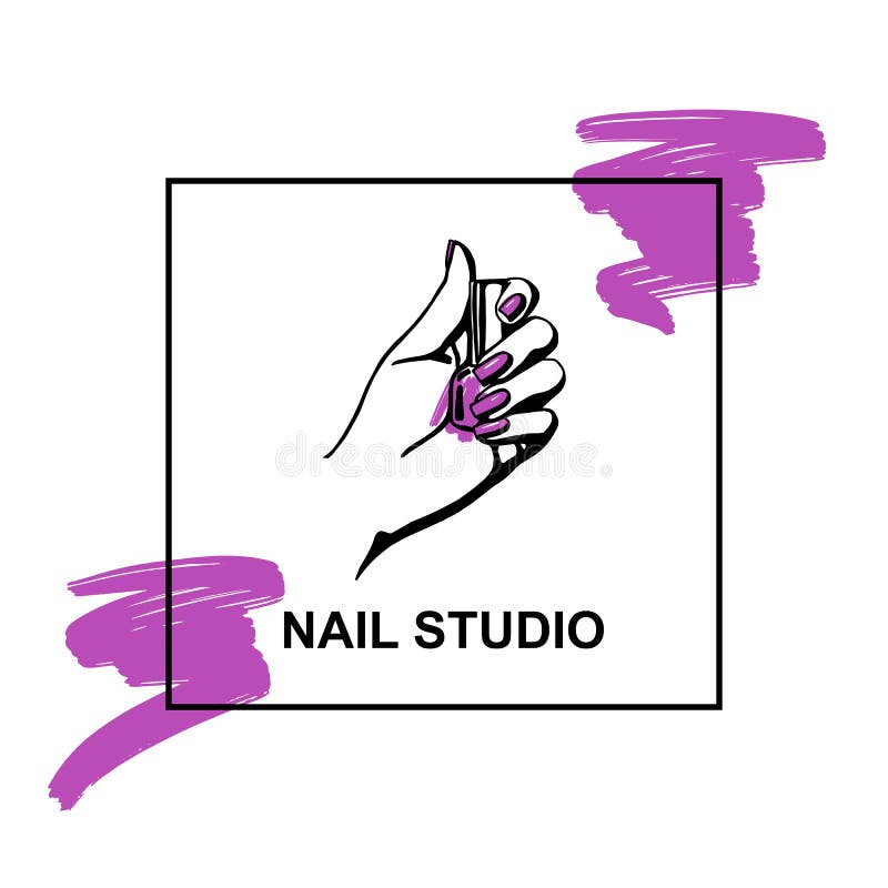Vector logo for manicure and beauty Studio. Illustration, emblem of a woman`s hand with painted nails in a square frame with strokes. Vector logo for manicure and beauty Studio. Illustration, emblem of a woman`s hand with painted nails in a square frame with strokes