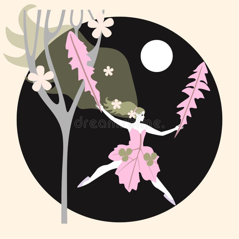 Het embleem van het Ecoontwerp Jong meisje - fee met bladeren van paardebloemlooppas door de bos de Groet of de uitnodigingskaart royalty-vrije illustratie Het embleem van het Ecoontwerp Jong meisje - fee met bladeren van paardebloemlooppas door de bos de Groet of de uitnodigingskaart royalty-vrije illustratie