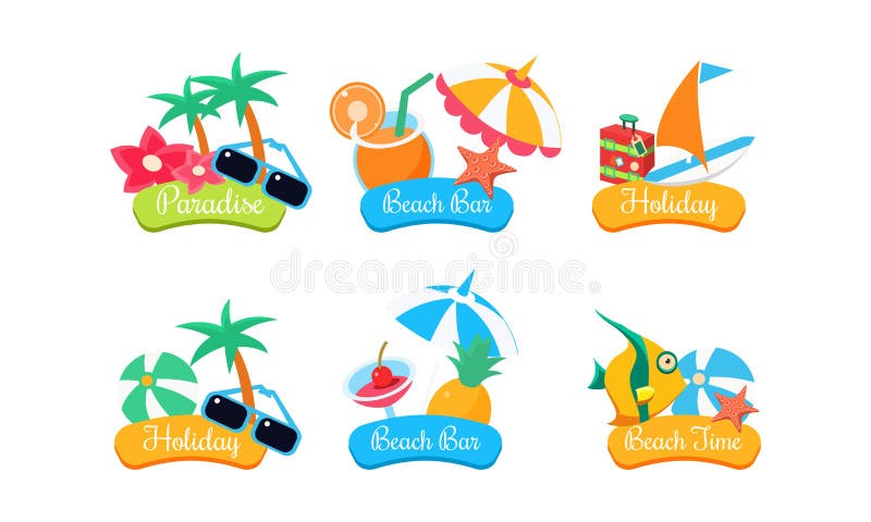 Het embleemsjabloonset van de de zomerreis, paradijs, strandbar, vakantie, heldere geïsoleerde de etiketten vectorillustratie van stock illustratie Het embleemsjabloonset van de de zomerreis, paradijs, strandbar, vakantie, heldere geïsoleerde de etiketten vectorillustratie van stock illustratie