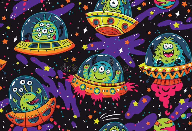 Seamless pattern with cartoon alien monsters in the spaceships. UFO. Vector illustration. Seamless pattern with cartoon alien monsters in the spaceships. UFO. Vector illustration