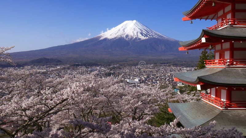 Het filteren van schot van MT Fuji met Chureito-Pagode in de Lente, Fujiyoshida, Japan