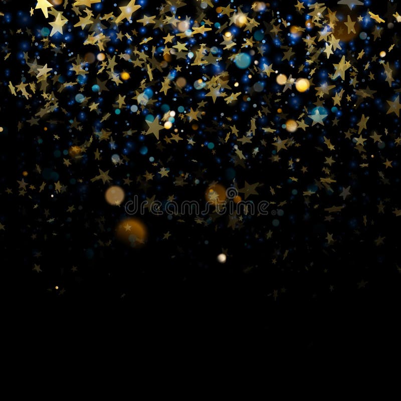 Het fonkelen gouden magische het gloeien van het stof Gouden Kerstmis en Nieuwjaar schitterende sterren op donkerblauwe bokehacht royalty-vrije illustratie Het fonkelen gouden magische het gloeien van het stof Gouden Kerstmis en Nieuwjaar schitterende sterren op donkerblauwe bokehacht royalty-vrije illustratie