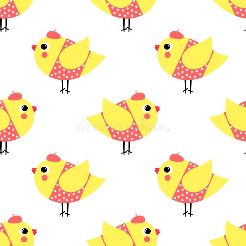 Het Franse naadloze patroon van stijlkuikens op witte achtergrond Leuke de vogels vectorillustratie van beeldverhaalmeisjes royalty-vrije illustratie Het Franse naadloze patroon van stijlkuikens op witte achtergrond Leuke de vogels vectorillustratie van beeldverhaalmeisjes royalty-vrije illustratie