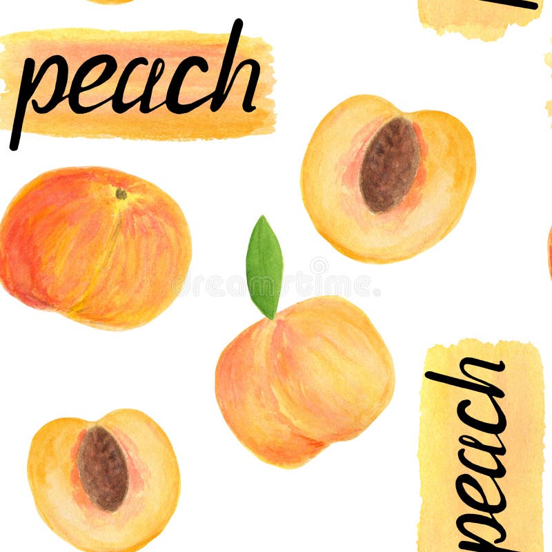 Het fruit naadloos patroon van de waterverfperzik met kalligrafie het van letters voorzien royalty-vrije stock foto's Het fruit naadloos patroon van de waterverfperzik met kalligrafie het van letters voorzien royalty-vrije stock foto's