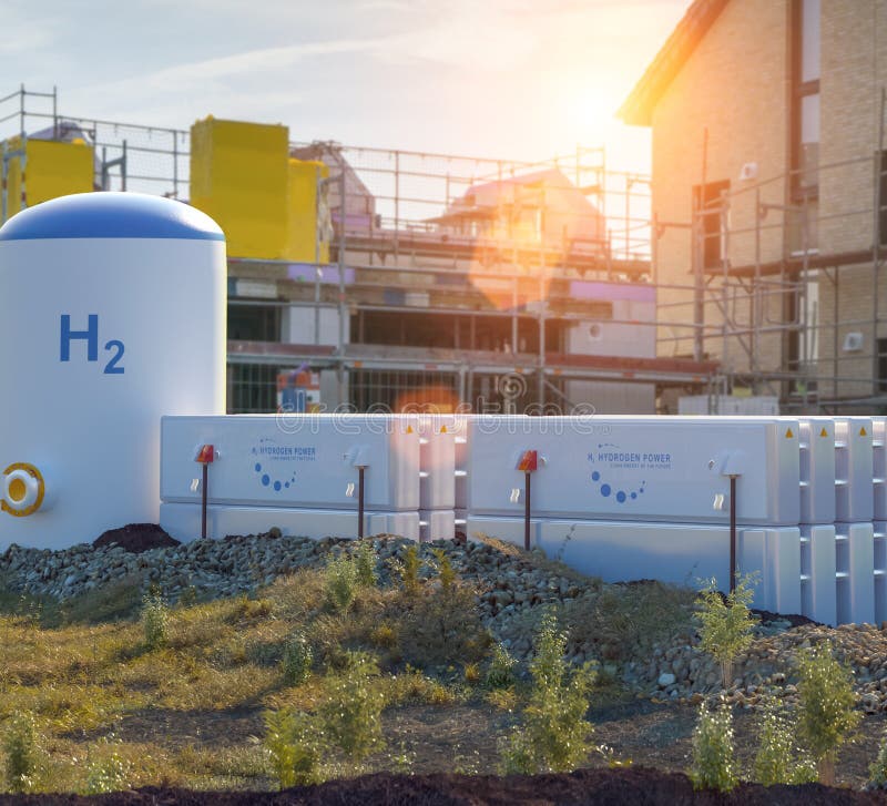 Hydrogen renewable energy production - energy storage hydrogen gas for clean electricity at private real estate home. Hydrogen renewable energy production - energy storage hydrogen gas for clean electricity at private real estate home