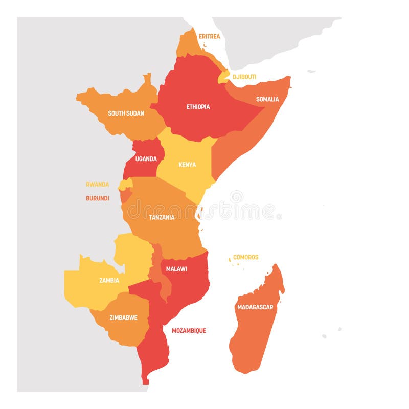 Landen In Oost Afrika Het Gebied Van Oost-Afrika Kaart Van Landen in Oostelijk Afrika Vector