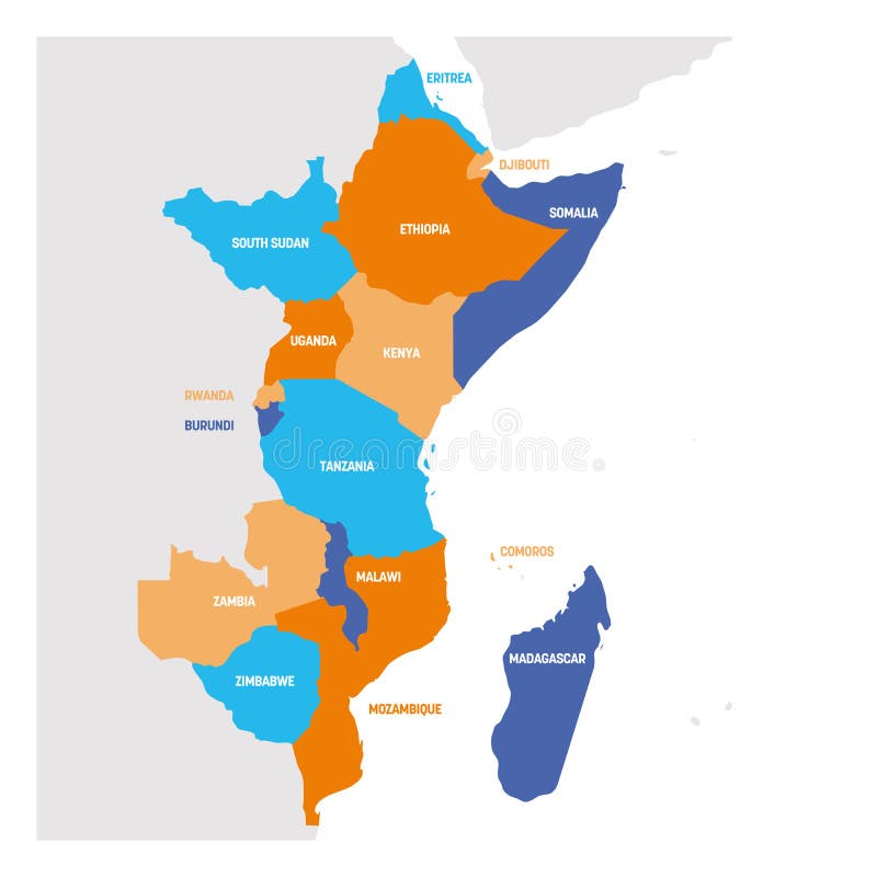 Landen In Oost Afrika Het Gebied Van Oost-Afrika Kaart Van Landen in Oostelijk Afrika Vector