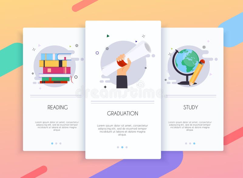 Het gebruikersinterfaceuitrusting van de Onboardingsschermen voor het concept van mobiele toepassingmalplaatjes onderwijs Concept royalty-vrije illustratie Het gebruikersinterfaceuitrusting van de Onboardingsschermen voor het concept van mobiele toepassingmalplaatjes onderwijs Concept royalty-vrije illustratie