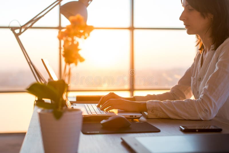 Het geconcentreerde vrouwelijke werknemer typen op het werk die computer met behulp van Zijaanzichtportret van een tekstschrijver royalty-vrije stock foto's Het geconcentreerde vrouwelijke werknemer typen op het werk die computer met behulp van Zijaanzichtportret van een tekstschrijver royalty-vrije stock foto's