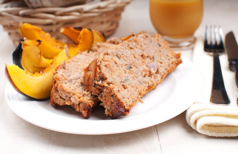 Ground turkey meatloaf and roasted squash horizontal. Ground turkey meatloaf and roasted squash horizontal