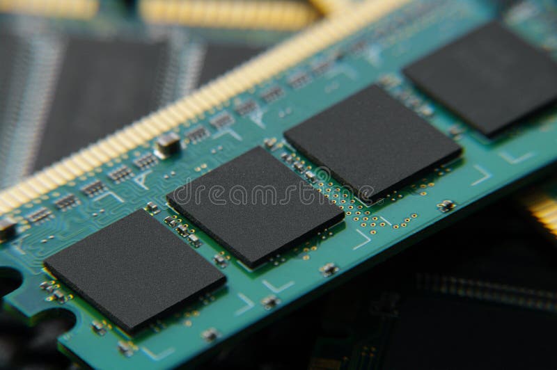 An up close view of RAM memory for a computer. An up close view of RAM memory for a computer.