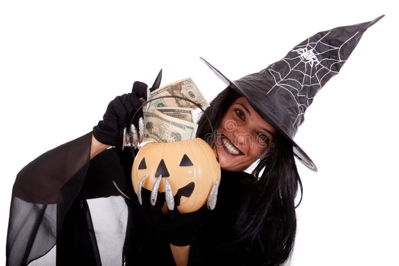 Het geld van de de heksenbesparing van Halloween stock foto's Het geld van de de heksenbesparing van Halloween stock foto's
