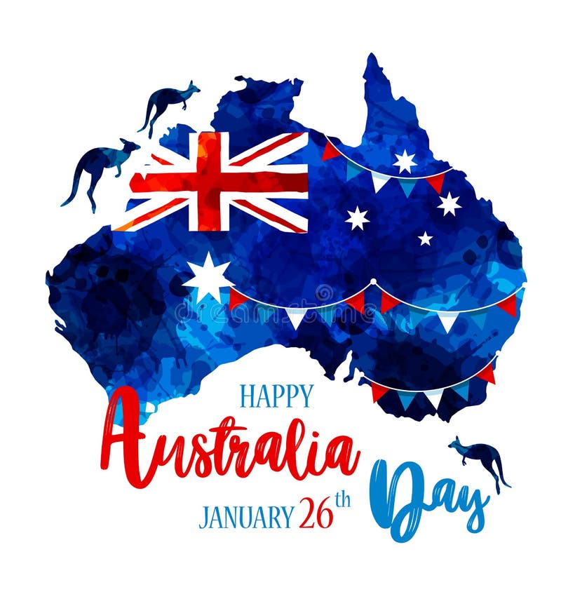 Het gelukkige de dag van Australië van letters voorzien De kaart van Australië met vlag op een blauw bevlekt hand getrokken achte stock illustratie Het gelukkige de dag van Australië van letters voorzien De kaart van Australië met vlag op een blauw bevlekt hand getrokken achte stock illustratie