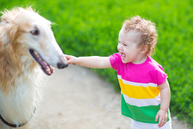 Het gelukkige het lachen baby spelen met een grote hond royalty-vrije stock foto Het gelukkige het lachen baby spelen met een grote hond royalty-vrije stock foto