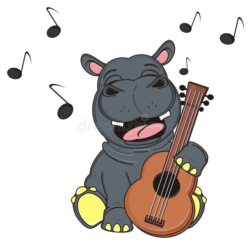 Het gelukkige hippo zingen met houten gitaar stock illustratie Het gelukkige hippo zingen met houten gitaar stock illustratie