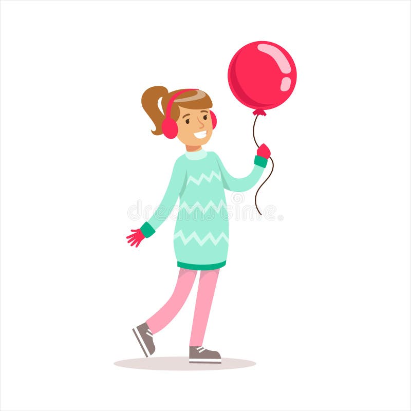 Het gelukkige Meisje in Klassieke Girly-Kleur kleedt Glimlachend Beeldverhaalkarakter die met Ballon lopen royalty-vrije illustratie Het gelukkige Meisje in Klassieke Girly-Kleur kleedt Glimlachend Beeldverhaalkarakter die met Ballon lopen royalty-vrije illustratie