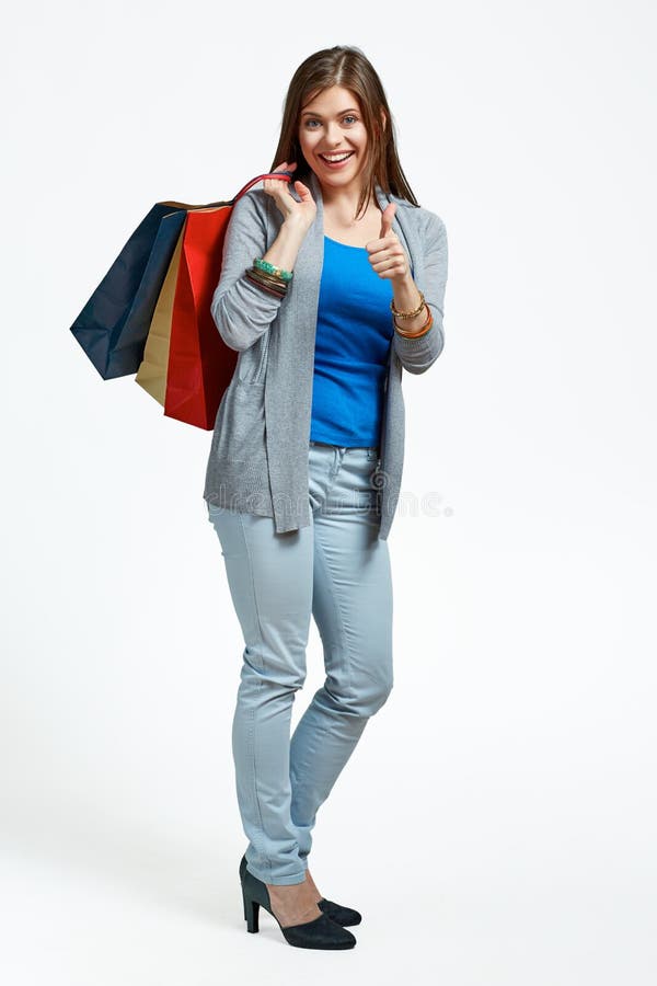 Het gelukkige portret van het vrouwen volledige lichaam met het winkelen zak stock fotografie Het gelukkige portret van het vrouwen volledige lichaam met het winkelen zak stock fotografie
