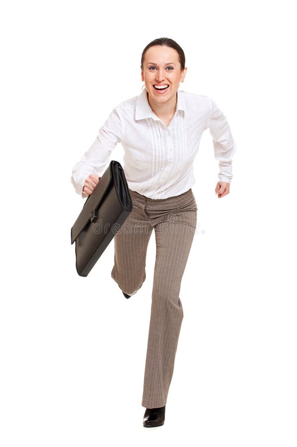 Het gelukkige vrouw runing aan het werk stock afbeeldingen Het gelukkige vrouw runing aan het werk stock afbeeldingen
