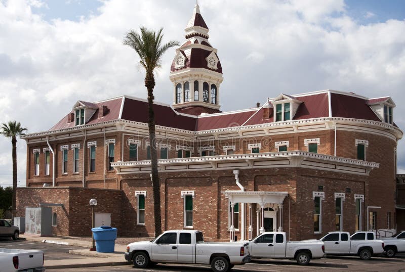 Built in 1891, this is Pinal County's (Arizona) second courthouse and has been replaced by a third. It is on the National Register of Historic Places and is an excellent example of American-Victorian architecture. A shortage of funds resulted in painted metal clock faces in the distinctive cupola. Thus, time stands still at 11:44. Built in 1891, this is Pinal County's (Arizona) second courthouse and has been replaced by a third. It is on the National Register of Historic Places and is an excellent example of American-Victorian architecture. A shortage of funds resulted in painted metal clock faces in the distinctive cupola. Thus, time stands still at 11:44.