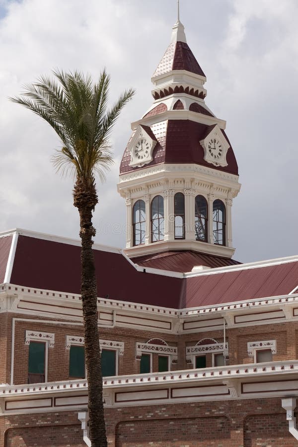 Built in 1891, this is Pinal County's (Arizona) second courthouse and has been replaced by a third. It is on the National Register of Historic Places and is an excellent example of American-Victorian architecture. A shortage of funds resulted in painted metal clock faces in the distinctive cupola. Thus, time stands still at 11:44. Built in 1891, this is Pinal County's (Arizona) second courthouse and has been replaced by a third. It is on the National Register of Historic Places and is an excellent example of American-Victorian architecture. A shortage of funds resulted in painted metal clock faces in the distinctive cupola. Thus, time stands still at 11:44.