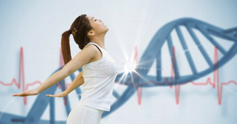 Het geschikte jonge vrouw uitrekken zich tegen DNA-structuur royalty-vrije stock afbeelding Het geschikte jonge vrouw uitrekken zich tegen DNA-structuur royalty-vrije stock afbeelding