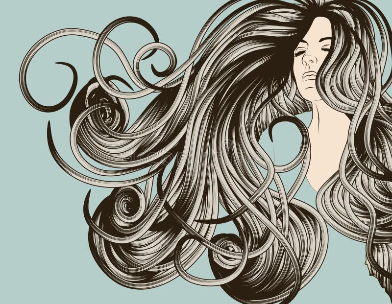 Het gezicht van de vrouw met gedetailleerd stromend haar vector illustratie Het gezicht van de vrouw met gedetailleerd stromend haar vector illustratie